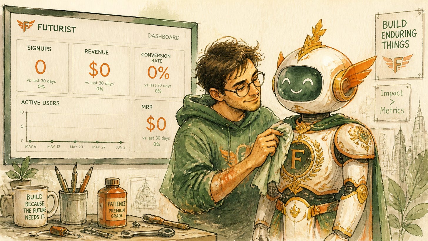 A founder polishing an elaborate robot mascot while the dashboard behind him shows zeros for signups and revenue.