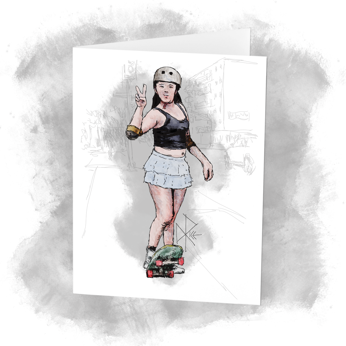 A teen girl enjoys a few hours of a pleasant summer afternoon while working to perfect an Ollie. Sketch art by Don Rice. A teen girl enjoys a few hours of a pleasant summer afternoon while working to perfect an Ollie. Sketch art by Don Rice.