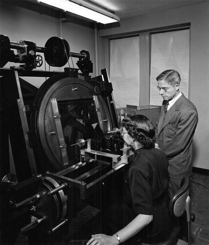 “Rebecca Jones and Wallace Eckert at the Star Measuring Machine” “Rebecca Jones and Wallace Eckert at the Star Measuring Machine”