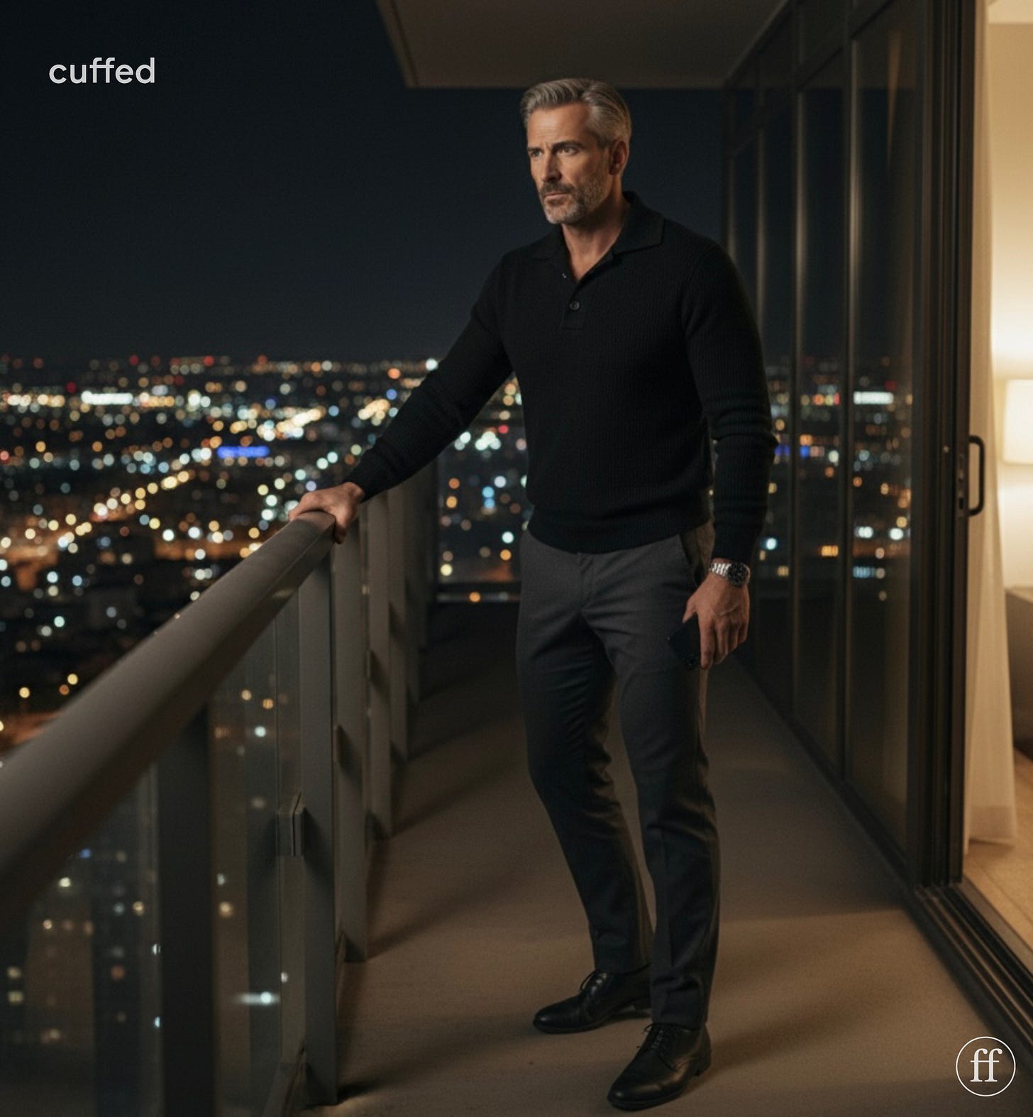 author standing on the balcony of a high-rise luxury apartment at night, black open-collar sweater and charcoal slacks, iphone in hand, expression showing exhaustion, sadness, frustration, and anger. warm city lights blur behind him under chiaroscuro lighting, cream and bronze tones against the dark. mood: solitude, betrayal, controlled rage. seo: masculine introspection, emotional honesty, betrayal, friendship fallout, cuffed aesthetic.