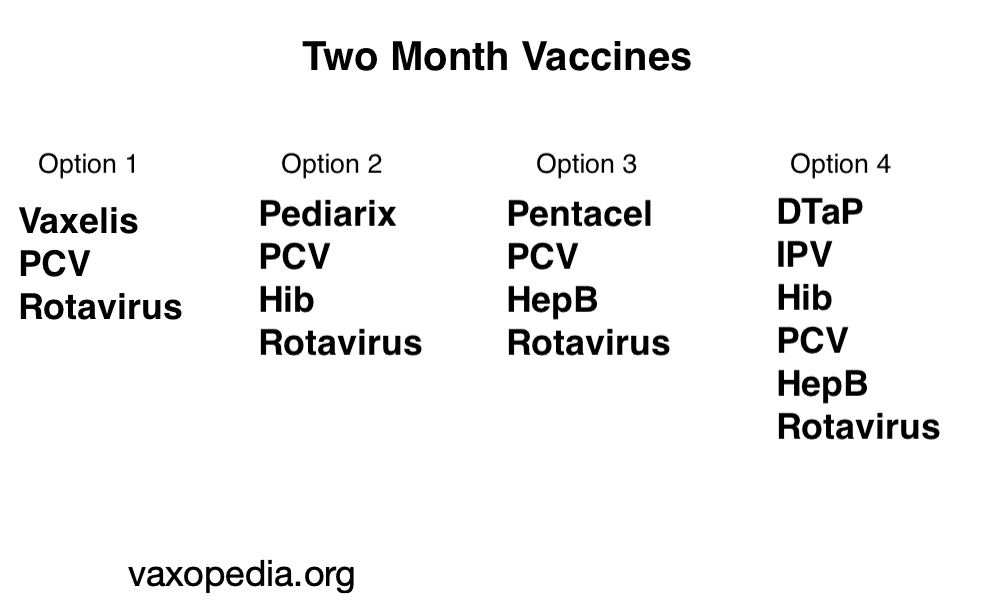 Combination vaccines can mean fewer shots for your baby at two months, and include Vaxelis (DTaP, IPV, Hib, and HepB), Pediarix (DTaP, IPV, HepB), and Pentacel (DTaP, IPV, and Hib).