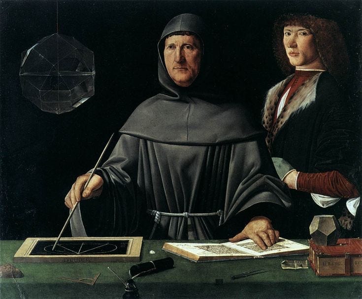 This may contain: a painting of two people standing in front of a table with an open book on it