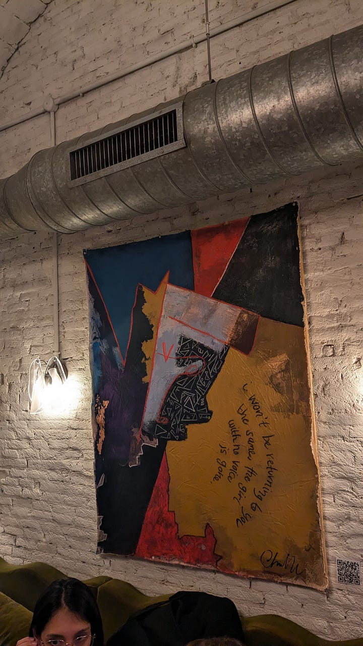Photo 1: A photograph of a painting exhibited in Barcelona, showing layered visual elements and textural details. Photo 2: The interior of the Gran Teatre del Liceu in Barcelona, showing its historic architecture and seating.