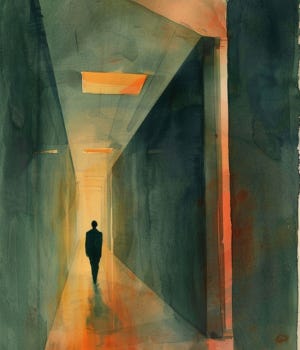 vintage editorial watercolor illustration of a lone figure walking away down a corporate corridor, warm lit doorway at the far end, alternating overhead light, figure small and unhurried, warm amber and teal tones, cream paper texture