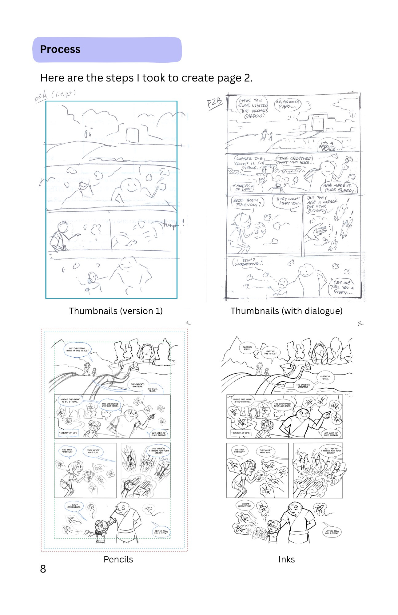 Screenshot of a page from my zine, showing one of my short story pages in the thumbnail, pencil, and ink stages..