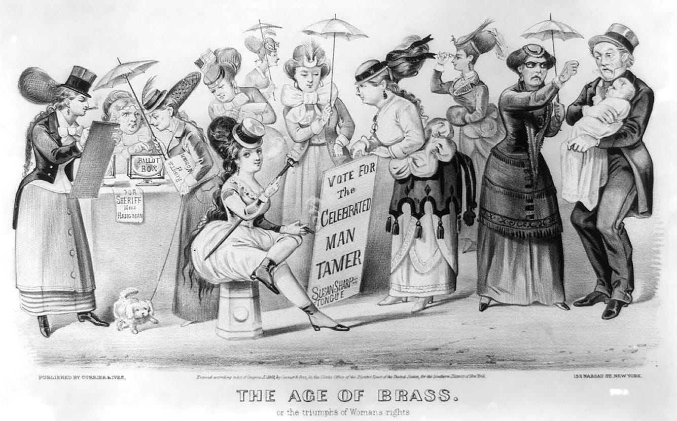 Political cartoon by Courier & Ives lampooning suffragettes as Man Tamers.