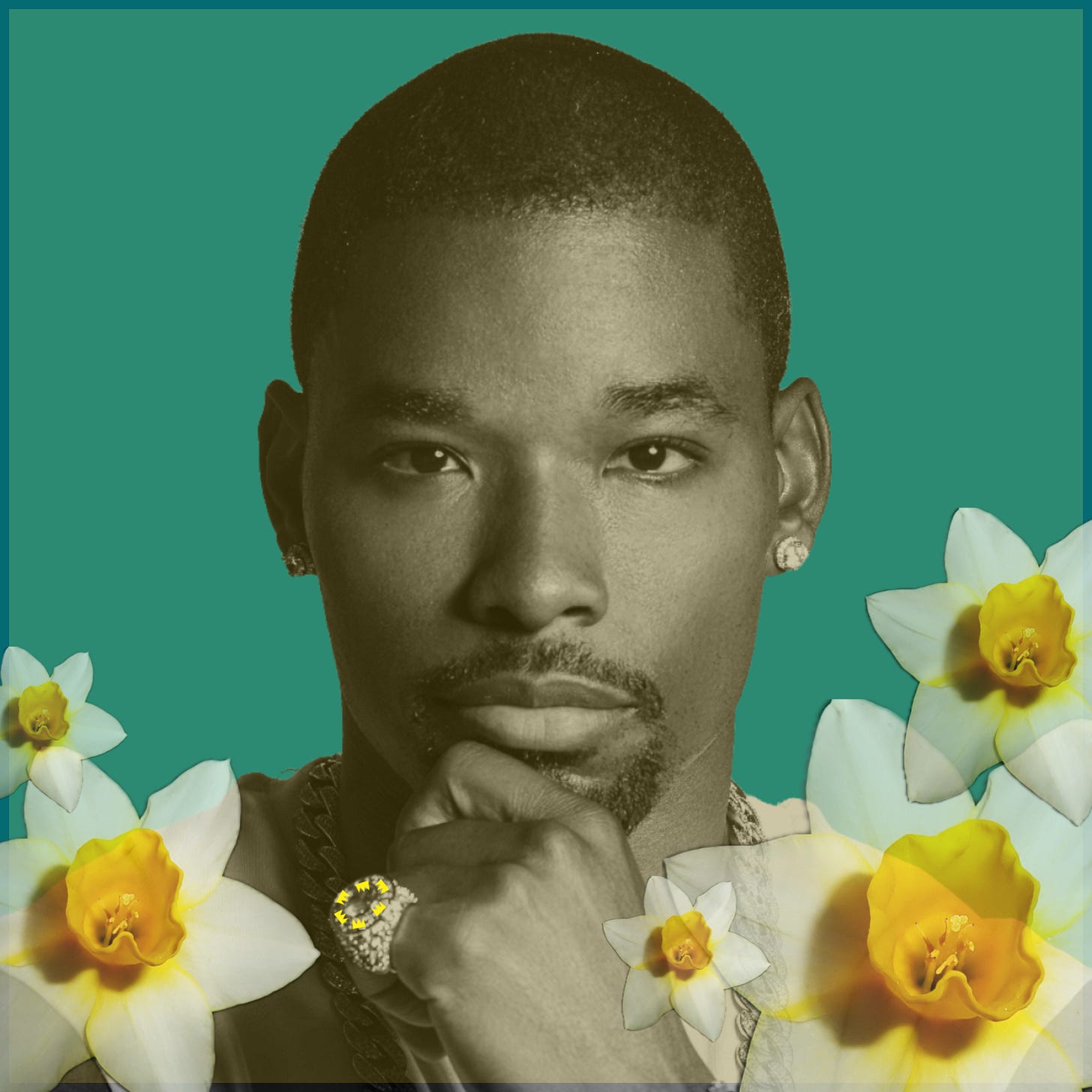 A square with a sepia photo of a Black man wearing a large ring and large stud earrings. He’s holding his hand to his chin, looking straight on, contemplative. His photo is against a deep, kelly green background, and yellow daffodils in different sizes line the bottom of the square. 