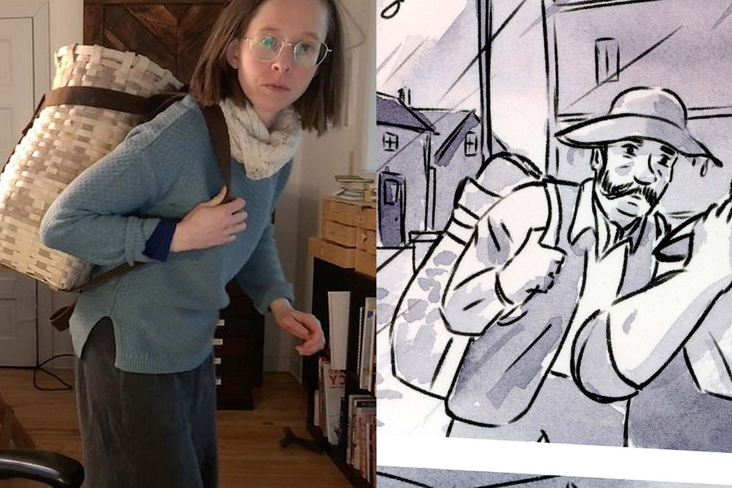 Finalized watercolor drawing with reference image by graphic novelist K. Woodman-Maynard. 