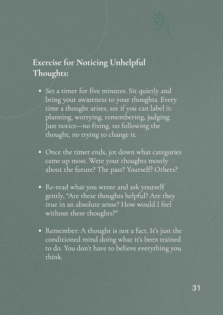 Two hunter-green pages with white font. On the first is text about noticing unhelpful thoughts. On the right is an exercise to help people notice unhelpfujl thoughts.