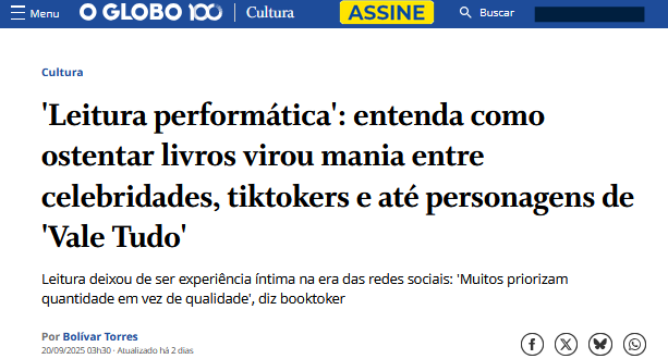 Notícia d'O Globo: 'Leitura Performática': entenda como ostentar livros virou