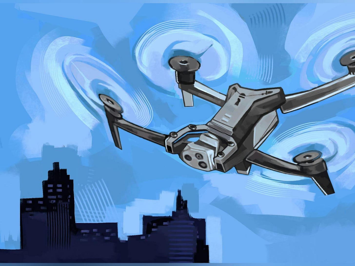An illustration of a surveillance drone flying over city buildings. An illustration of a surveillance drone flying over city buildings.