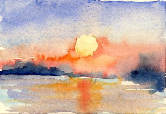 Watercolor of a sunrise in colors of blue, peace, coral, yellow, and indigo