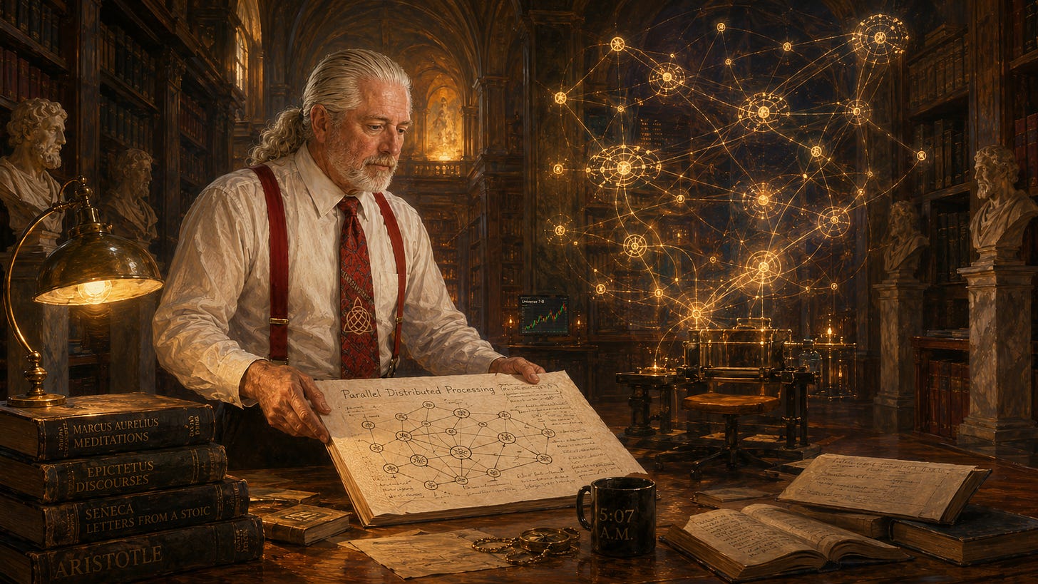 Rick Horowitz holds an old hand-drawn parallel-distributed-processing diagram in a grand philosophy library while its network of connected nodes rises behind him as a glowing machine.