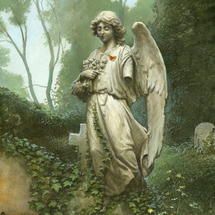LEFT: Detail from HIGHGATE MIST featuring an angel statue missing one arm and clutching flowers in the other. An orange butterfly settles on its chest, a pop of color against the neutral statue and green background vegetation. RIGHT: Close detail from HIGHGATE MIST featuring an angel statue with eyes pressed shut as if its lost in thought. A feather wing extends outward but the arm is broken off mid bicep. It clutches a bouquet of flowers as an orange butterfly settles on its chest.