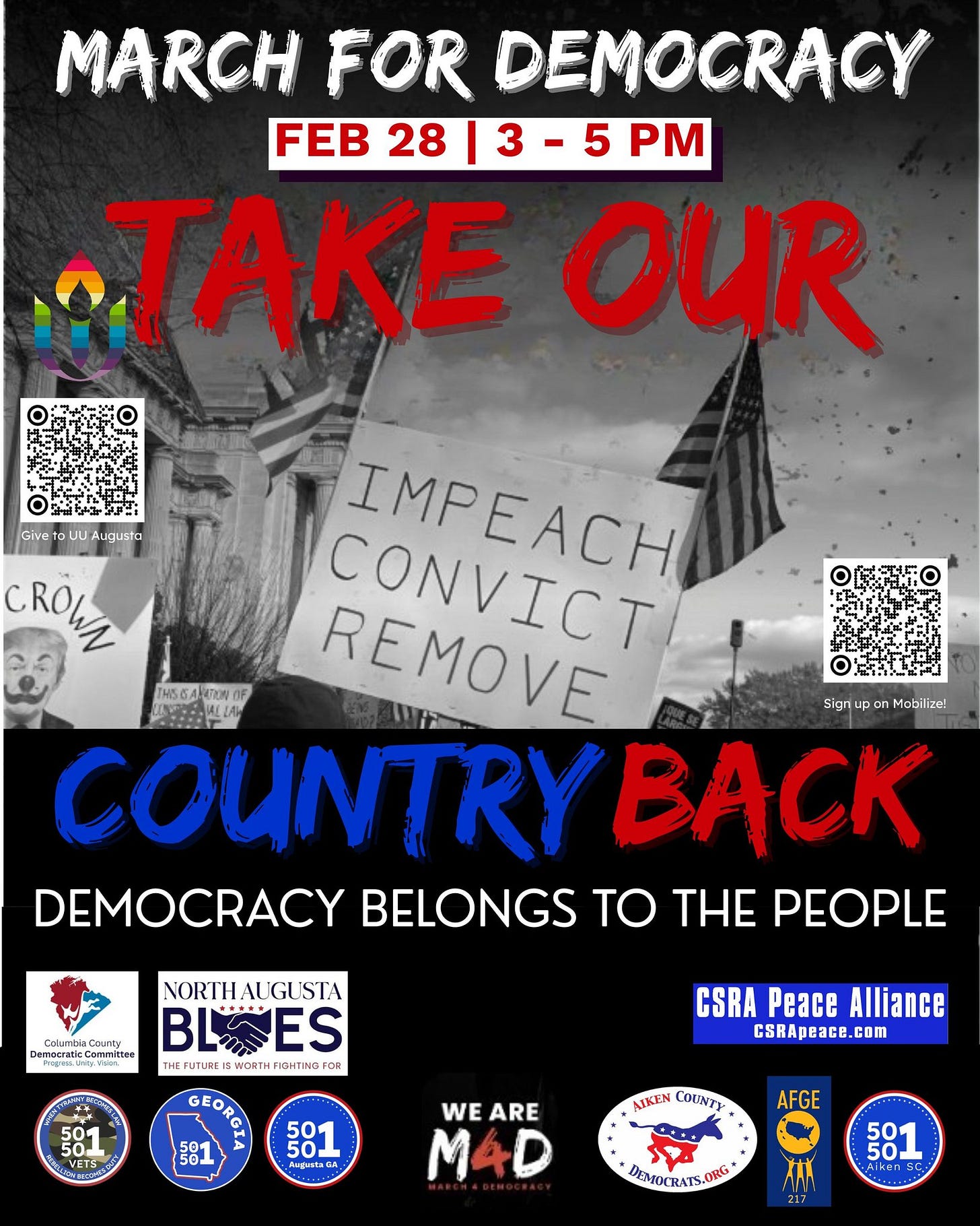 March for Democracy Feb 28 3-5PM TAKE OUR COUNTRY BACK - Democracy Belongs to the People March for Democracy Feb 28 3-5PM TAKE OUR COUNTRY BACK - Democracy Belongs to the People