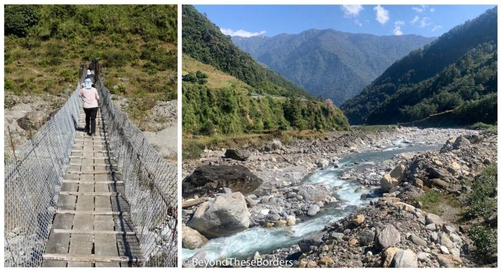 2 photos:  The wood bridge with some large spaces between planks.  Second photo is of the small river, rocks along the sides flowing in between green hills rising in the distance.
