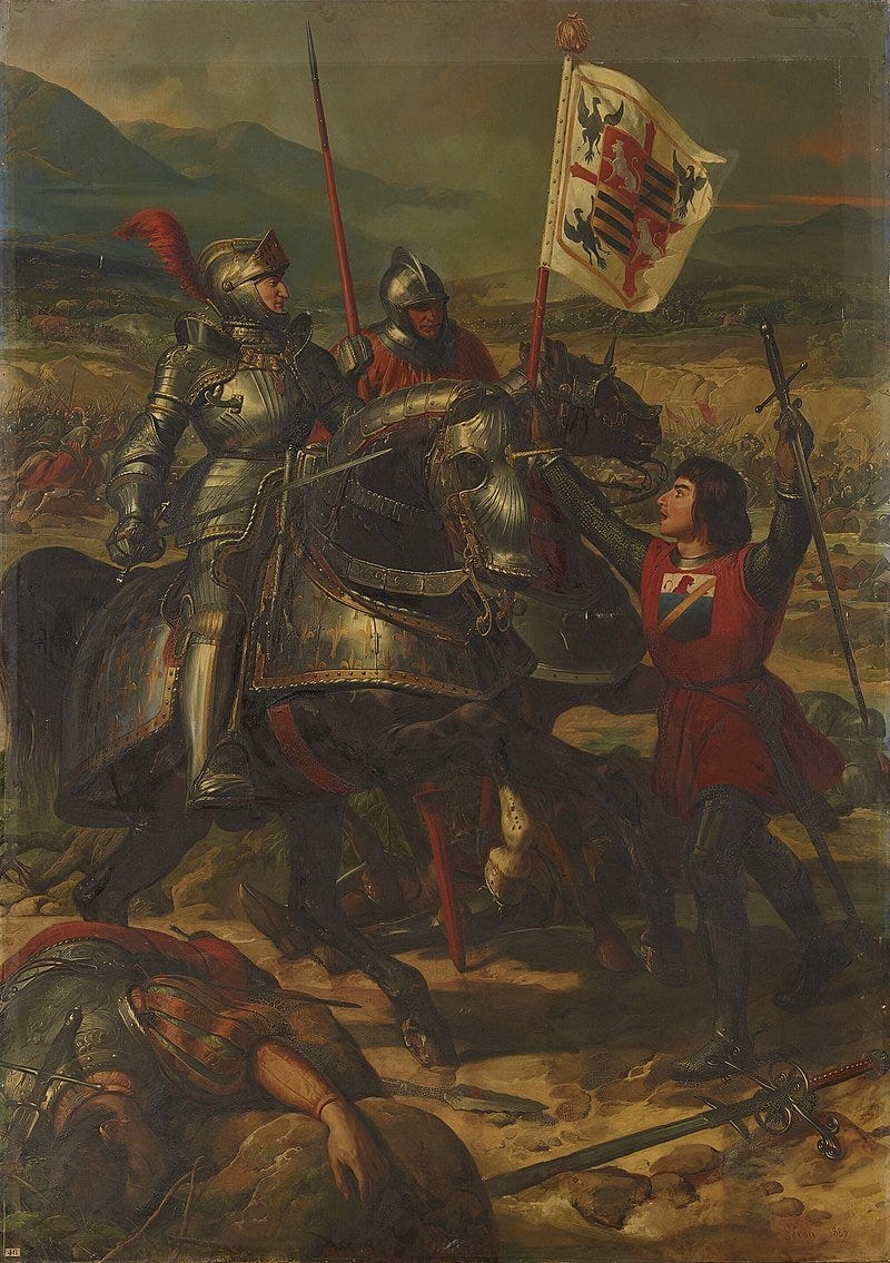 Bayard is on the right, King Charles is on the left