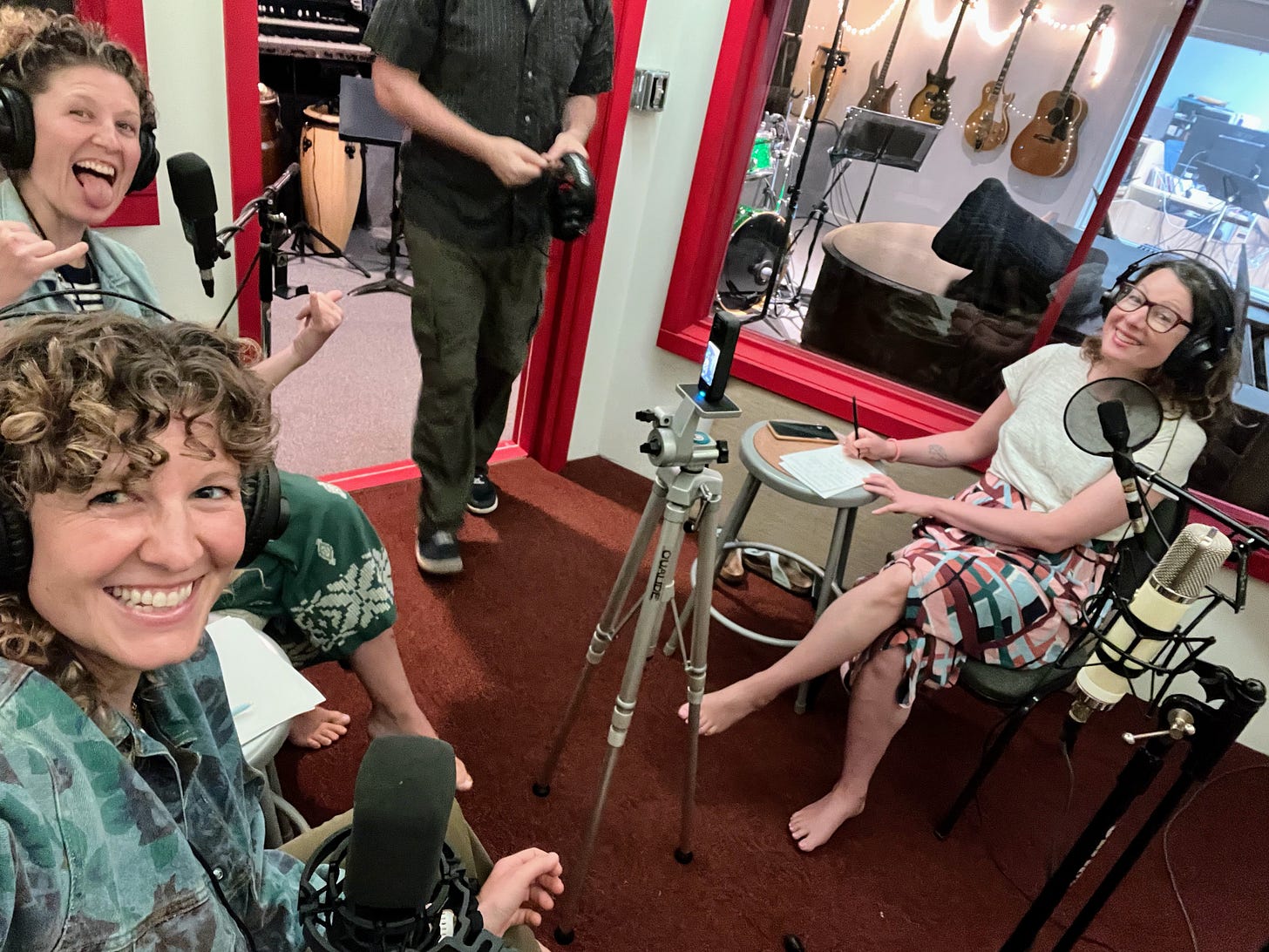 Co-hosts Emma and Dimity of Dinner Last Night interviewing Rony Duncan at REP Studios