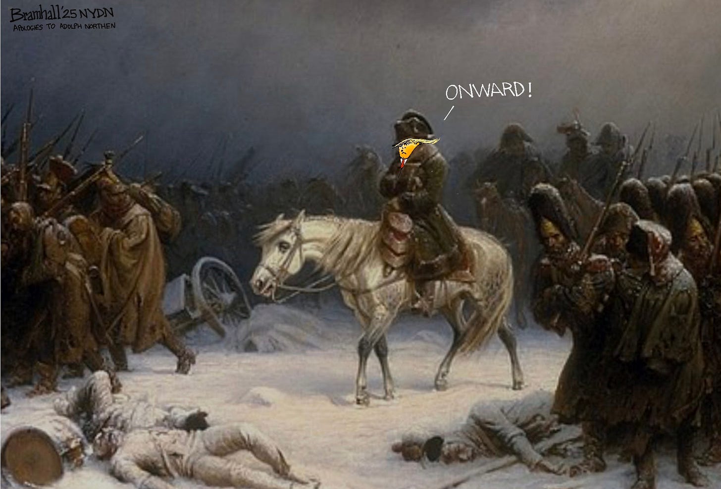 Bill Bramhall's cartoon based on Adolph Northen's Napoleon Retreating from Moscow