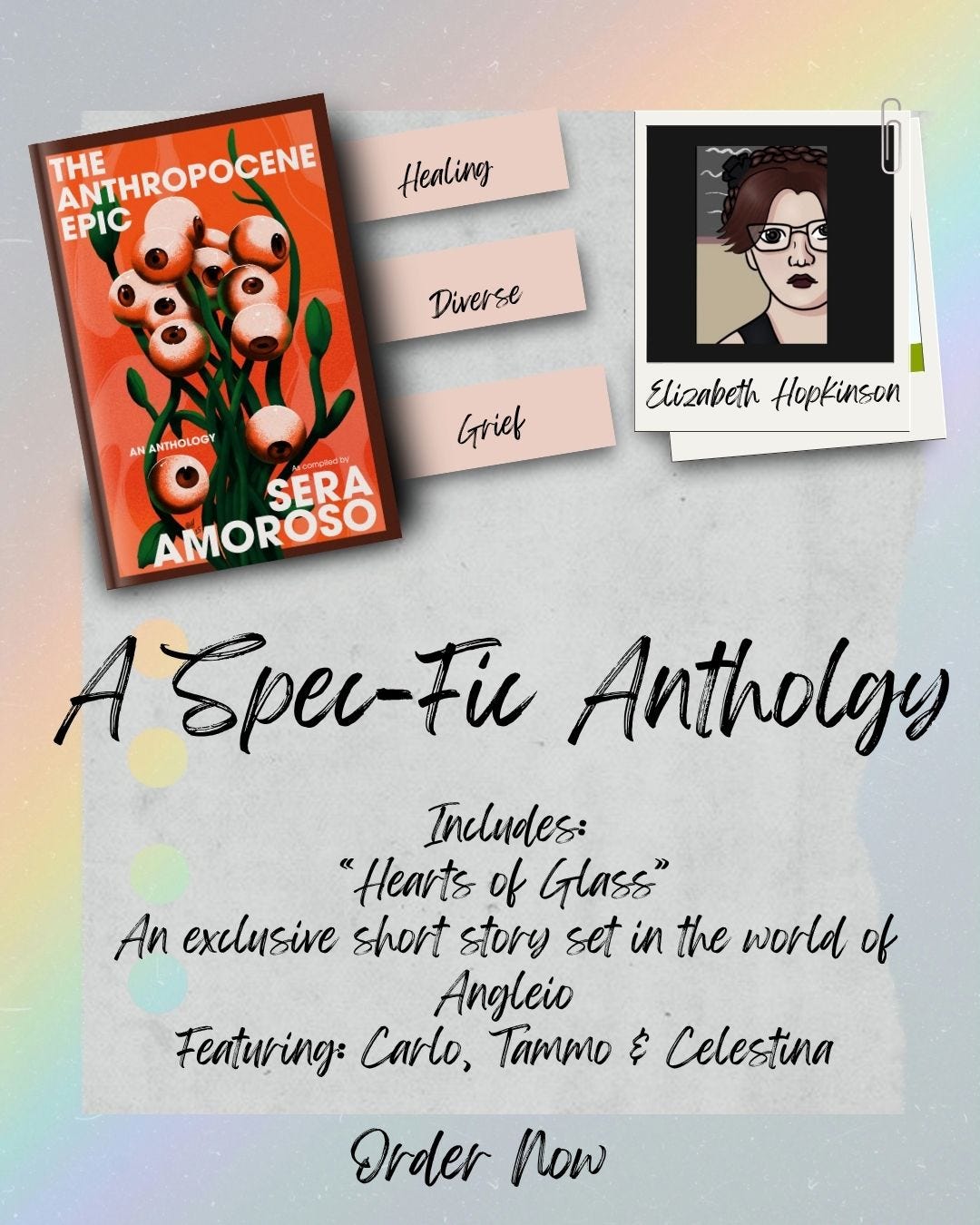 The Anthropocene Epic infographic. Book is orange with white/green eyeball plant. Elizabeth's face in the top left- hand corner. Text says: A Spec-Fic Anthology. Includes Hearts of Glass
