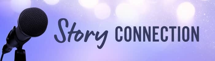 black microphone,"Story Connection" on purple background with white spotlight black microphone,"Story Connection" on purple background with white spotlight