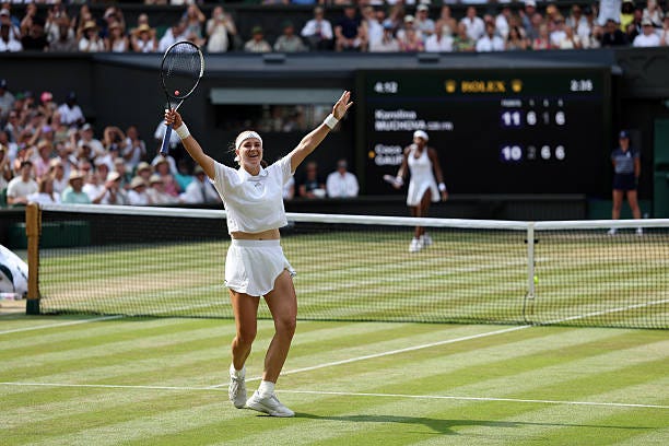 Karolina Muchova of Czechia celebrates winning match point against Coco Gauff of United States during their Ladies' Singles semifinal match on day...