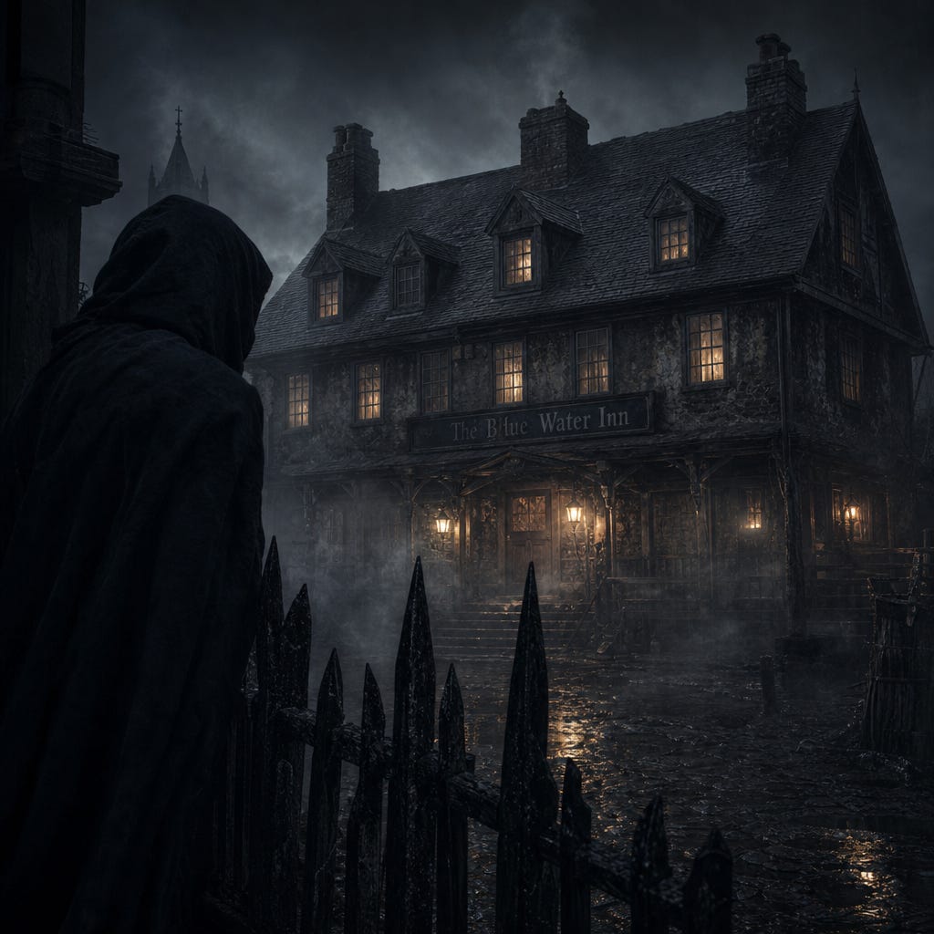 Cloaked figure watching the Blue Water Inn from the fog, Barovian Gothic atmosphere, mist‑shrouded street, dim lantern light, silhouette partially hidden behind a warped fence, Inn windows glowing faintly through smoke‑scarred walls