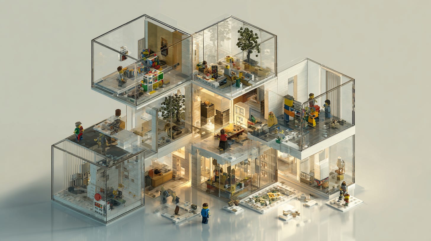 Aerial view of separated rooms where different teams build disconnected LEGO city sections