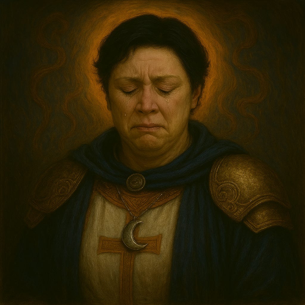 Clarion with black hair wearing D&D cleric raiment, visual palette reminiscent of Gwendoline Christie without referencing the actress