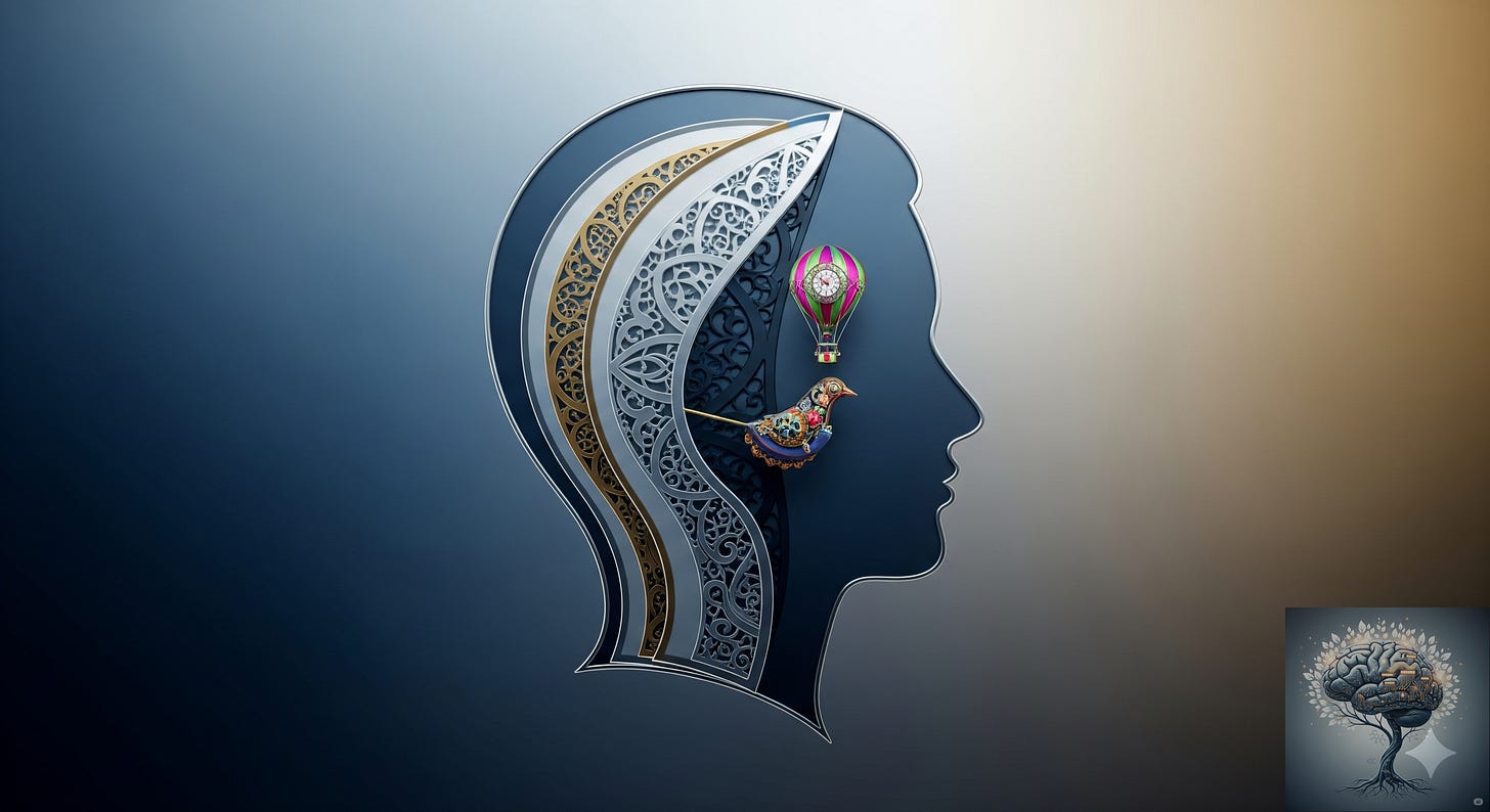 Stylized human head with ornate layers and surreal elements like a hot air balloon, bird, and clock inside
