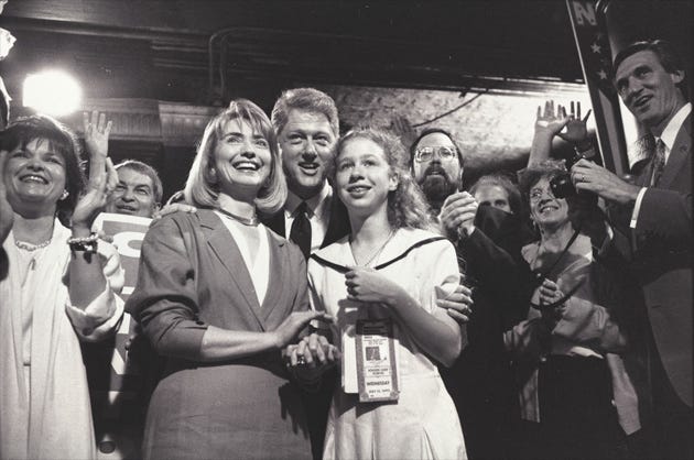 The Clinton family – Bill, Hillary, and Chelsea – on the cusp of the presidency at the Democratic National Convention in New York City, July 1992. The Clinton family – Bill, Hillary, and Chelsea – on the cusp of the presidency at the Democratic National Convention in New York City, July 1992.