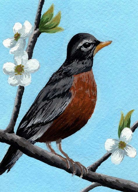 Painting 1: A robin sitting on a cherry tree branch, Painting 2: A seascape with sun reflecting on the water and flowers in the foreground, Painting 3: A still life of tulips in a glass vase