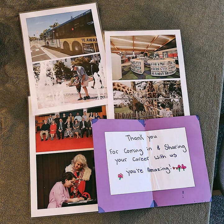A photograph of the North & South feature, which has a large 1/2 page photo of Louise smiling while overlooking the Waikato River, and a photograph of images of Council buildings and facilities, as well as Louise being sworn in as a city councillor and the Council class photo.
