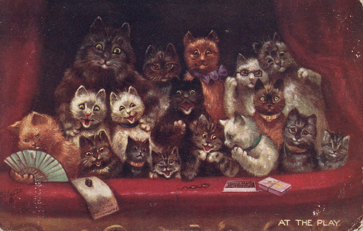 Anthropomorphic cats dressed up watching a play