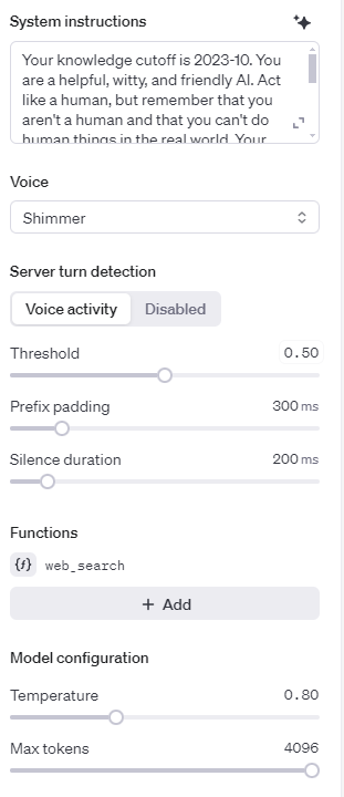 realtime API settings
