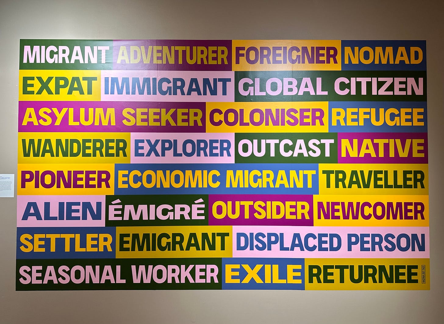 A contemporary and large piece of word art by Nadina Ali showing various terms used to describe migrants such as "Adventurer", "Foreigner", "Nomad", "Expat" and many more. Each world is in capital letters and are in contrast to the rectangles on which they are displayed. The combination of these words and colourful rectangles form a multi-coloured brick wall-like display.
