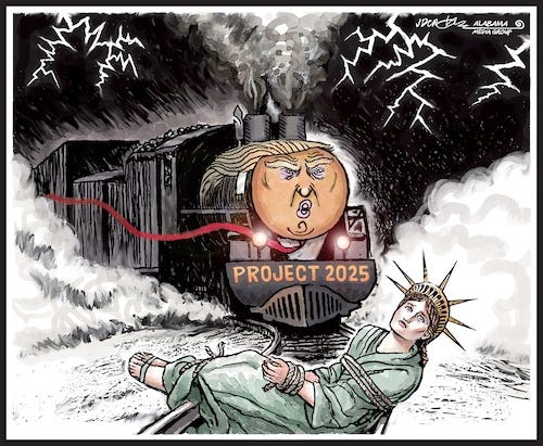 Project 2025 ties damsel to Trump railroad tracks - al.com Project 2025 ties damsel to Trump railroad tracks - al.com
