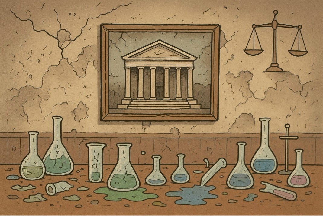 Broken research laboratory, picture of courthouse, scales of justice on the wallpaper... Science Matters substack