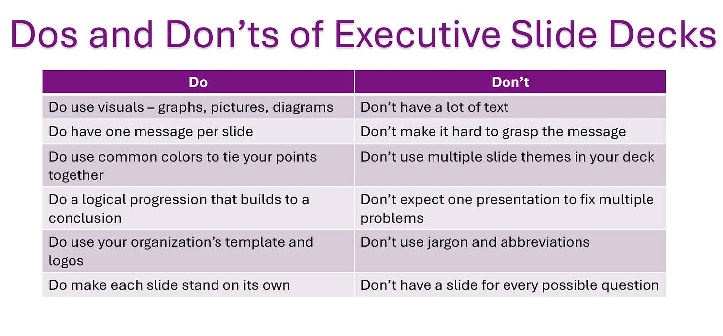 summary dos and don'ts of executive slide decks
