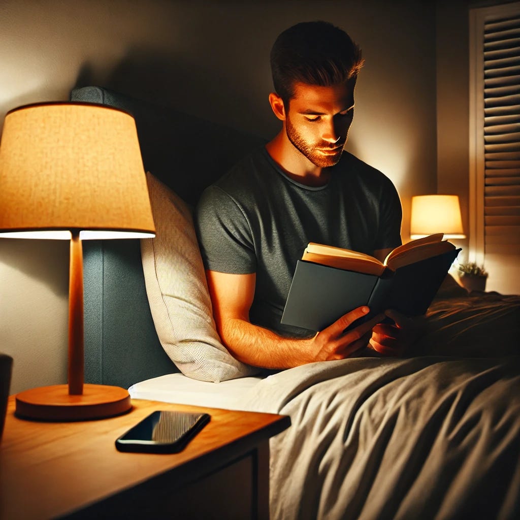 A cozy nighttime scene of a man reading a book in bed before sleep. The room is dimly lit with a warm bedside lamp casting a soft glow. The man is relaxed, deeply focused on his book, with a neatly made bed, a minimalist yet inviting atmosphere. A phone sits untouched on the nightstand, emphasizing the habit of reading instead of scrolling. The scene conveys tranquility, reflection, and the joy of winding down with a good book.