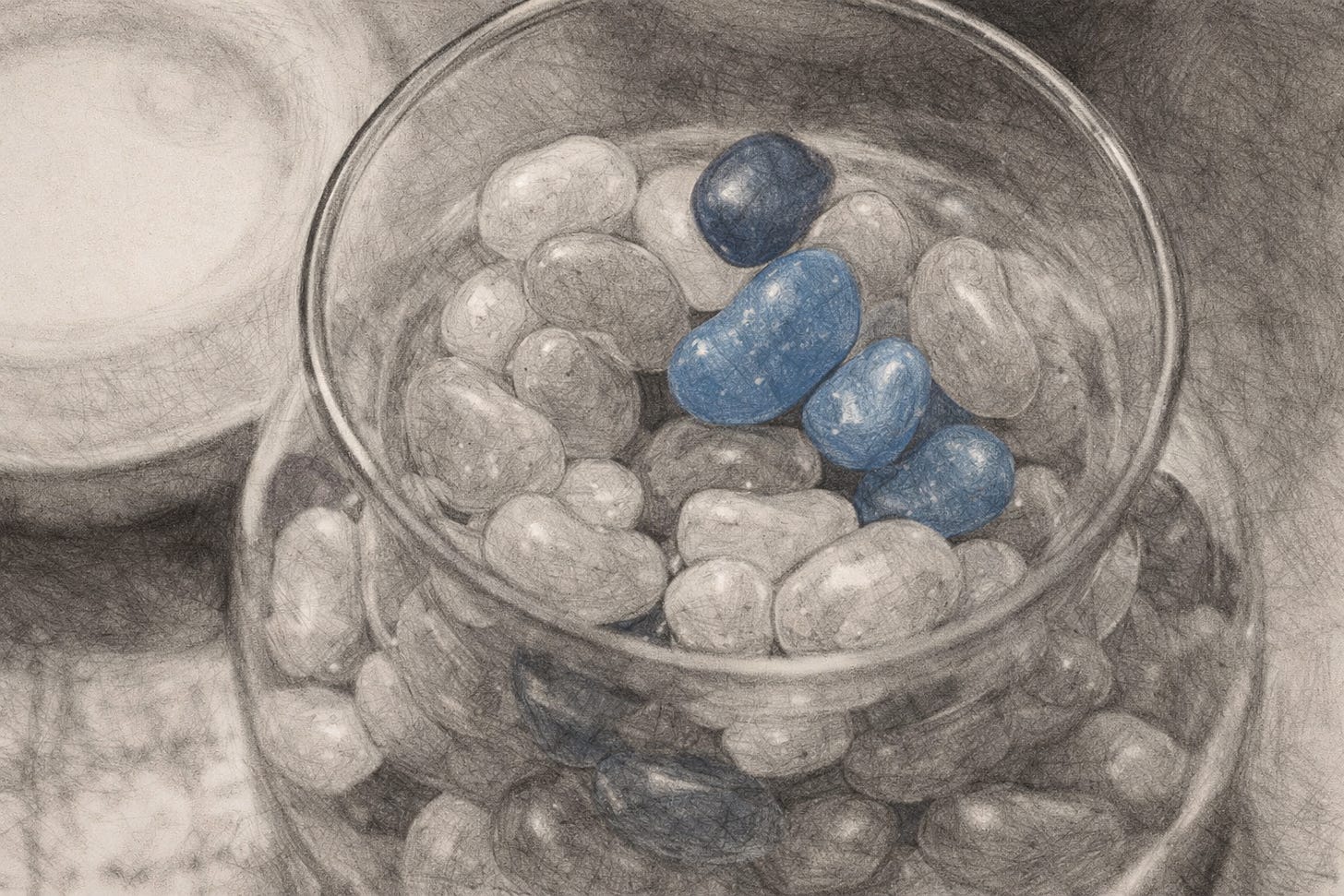 Alt text: Pencil-style sketch of a glass jar filled with jelly beans, rendered mostly in grayscale with a few beans highlighted in dusky blue; the jar sits on a textured surface with soft, hand-drawn shading and a blurred cup in the background.