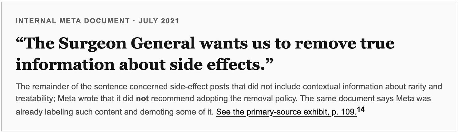 Internal Meta document · July 2021  “The Surgeon General wants us to remove true information about side effects.”