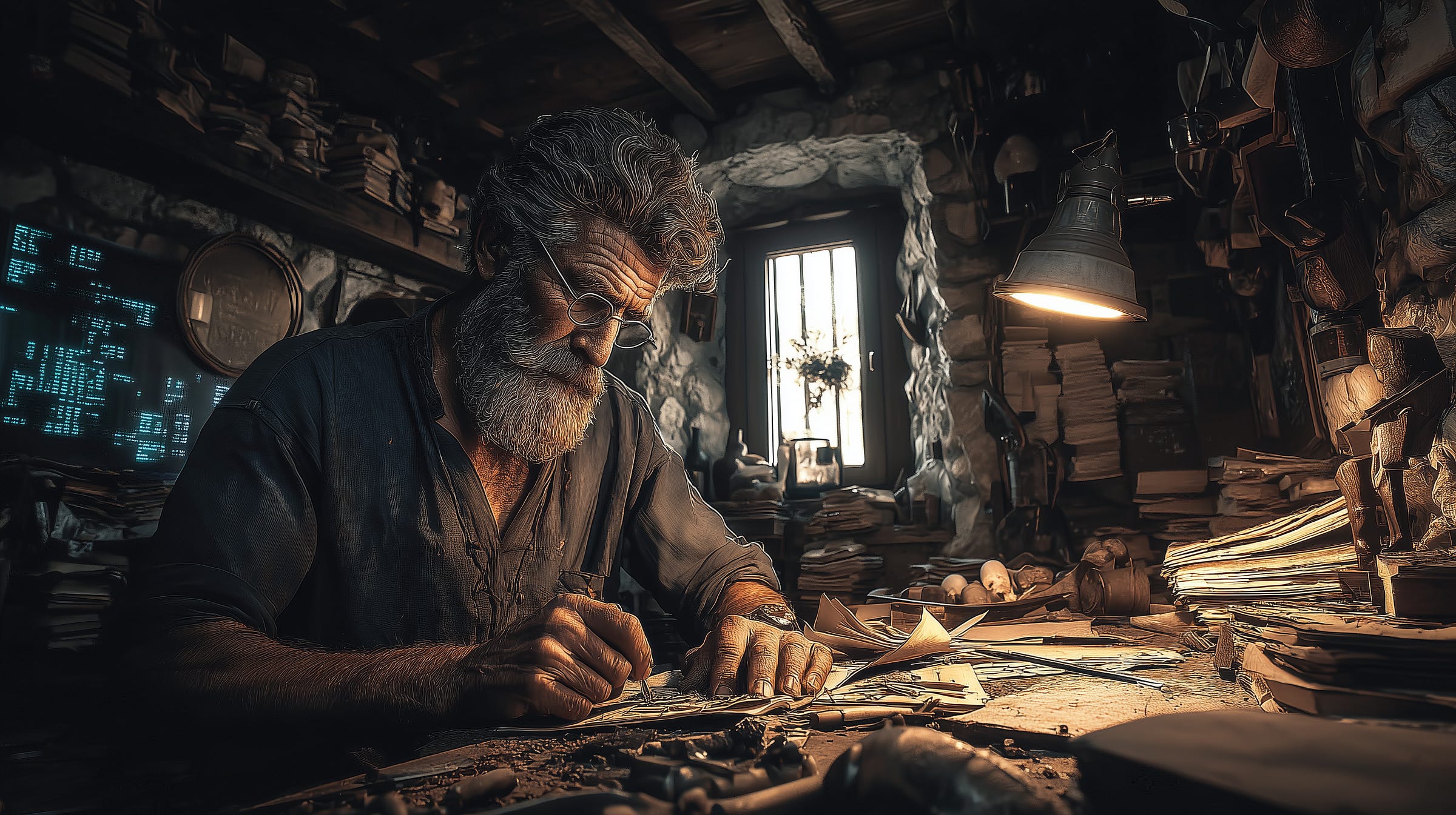 A solitary ancient Roman craftsman in a dimly lit workshop, chiseling an intricate marble sculpture with absolute focus and precision, surrounded by completed masterpieces A solitary ancient Roman craftsman in a dimly lit workshop, chiseling an intricate marble sculpture with absolute focus and precision, surrounded by completed masterpieces