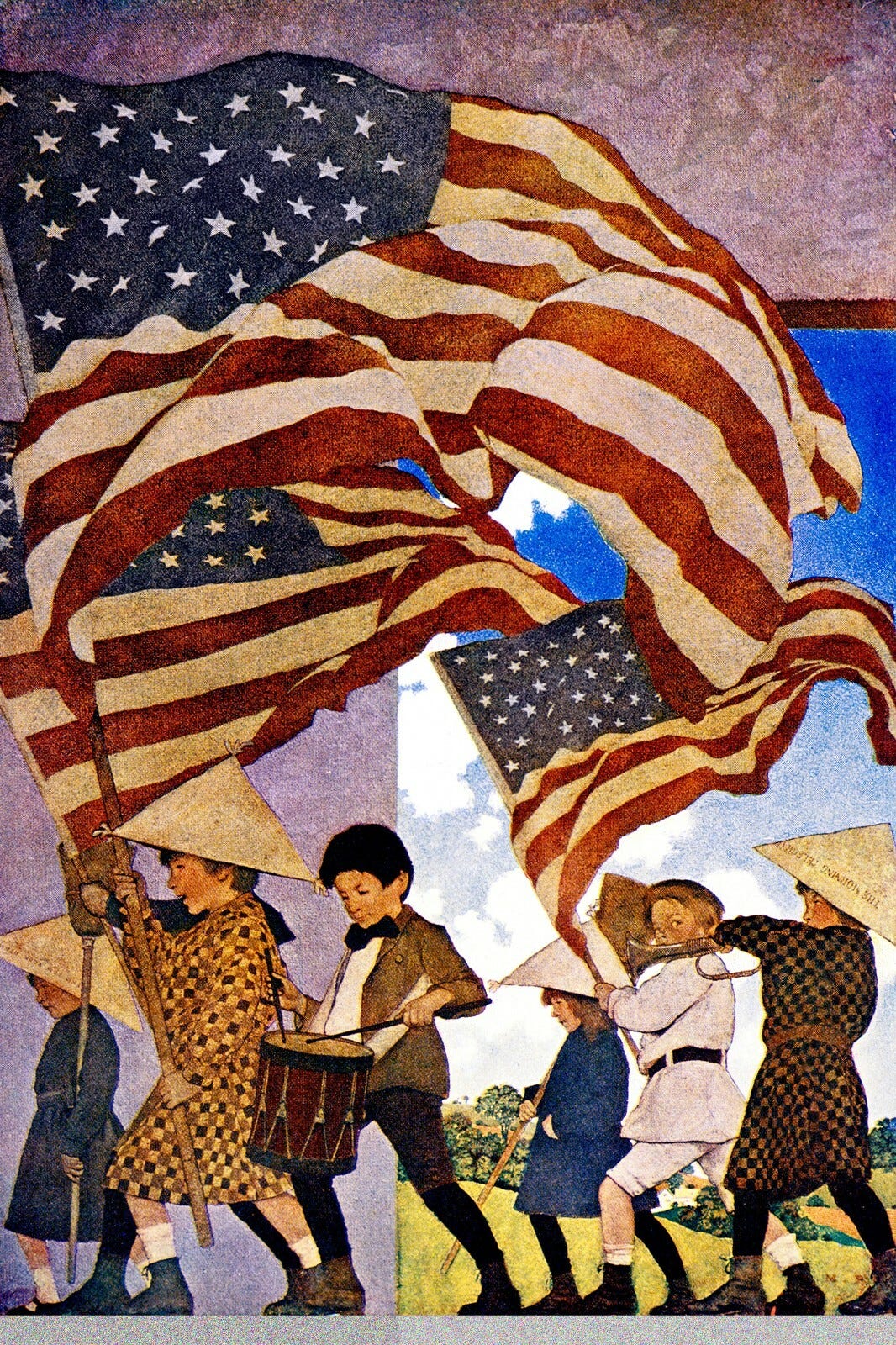 July 4th, Maxfield Parrish, 16" X 23" Art Nouveau, Drums, Parade, Children