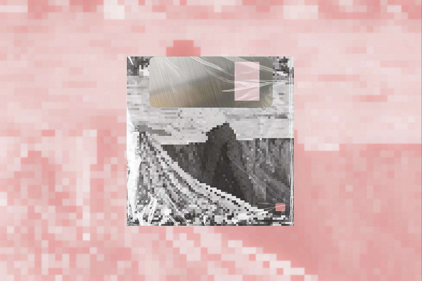 A tactile art layout featuring a square, 3.5-inch floppy disk inside a clear, creased plastic sleeve against a blurred background of blown-out, pixelated landscape forms in shifting shades of blush pink, muted rose, and soft ivory. The disk’s shell displays a low-resolution pixelated grayscale composition evoking a dark silhouette of a person of ambiguous gender, positioned beside a diagonal, seemingly pleated shoreline. Created for “Woman Pleating Riverbank.” Part of the Drawing Conclusions series at The Subtext Review.