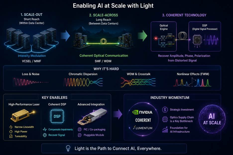 The image illustrates a comprehensive overview of enabling high-performance optical communication technologies to scale Aluminum (Al) infrastructure, featuring components like optical fibers, DSPs, and advanced integration, addressing challenges such as chromatic dispersion and noise, with key enablers like high-power lasers and NVIDIA's strategic investment.

AI-generated content may be incorrect.