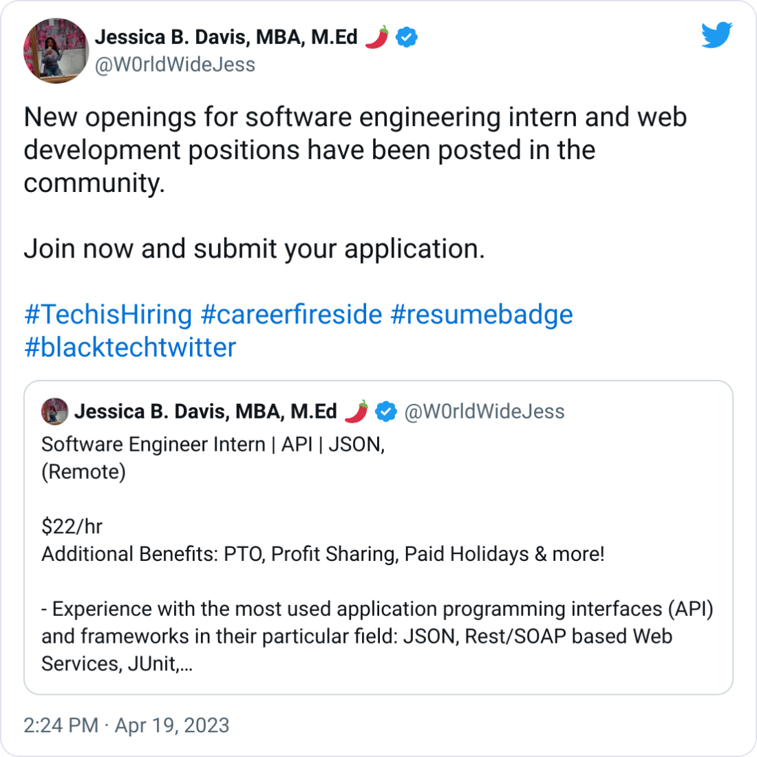 Jessica B. Davis, MBA, M.Ed 🌶 @W0rldWideJess New openings for software engineering intern and web development positions have been posted in the community. Join now and submit your application. #TechisHiring #careerfireside #resumebadge #blacktechtwitter Jessica B. Davis, MBA, M.Ed 🌶 @W0rldWideJess New openings for software engineering intern and web development positions have been posted in the community. Join now and submit your application. #TechisHiring #careerfireside #resumebadge #blacktechtwitter