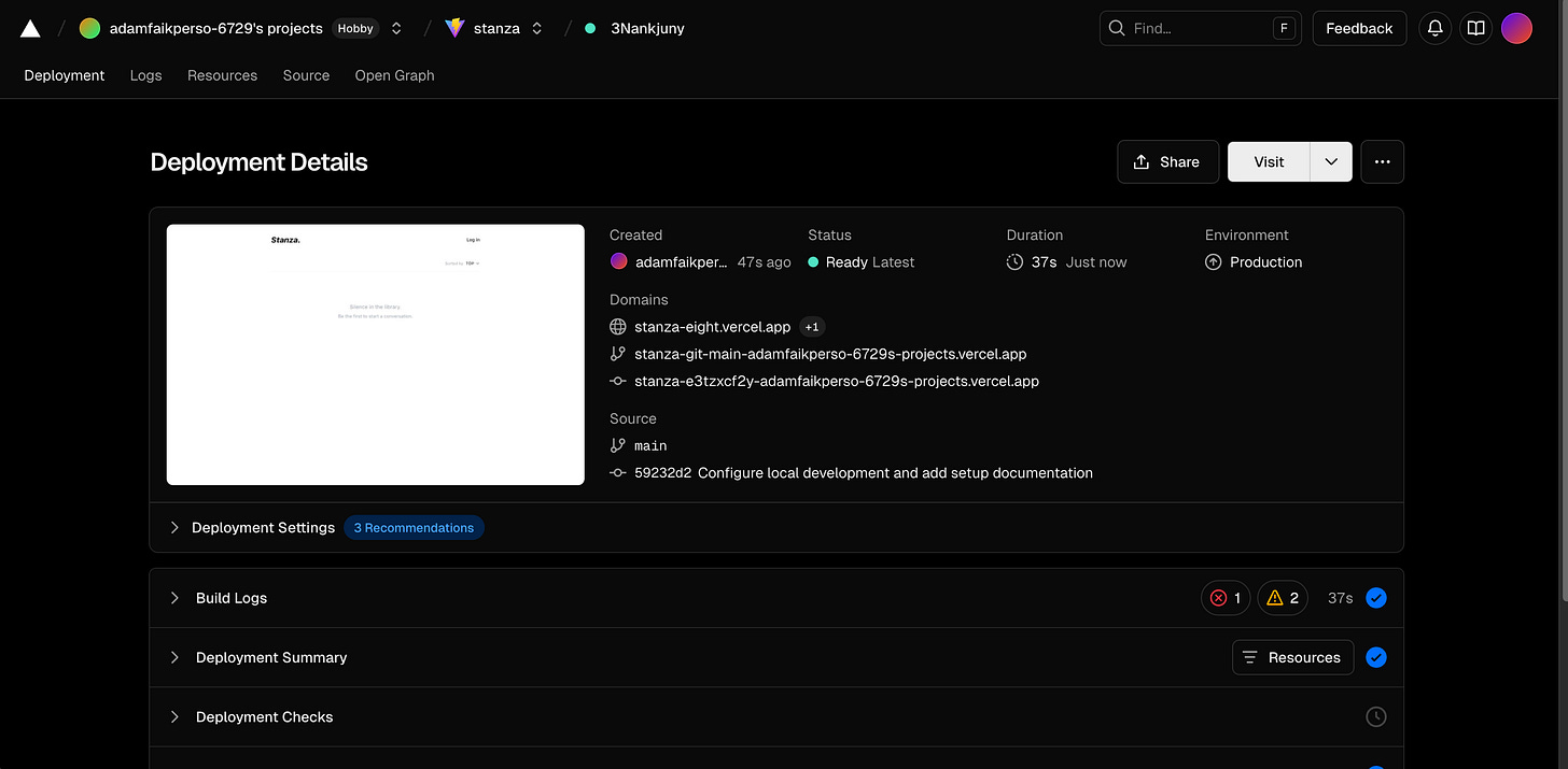The Vercel dashboard displays a deployment details page with a green ready status and a visual preview. The Vercel dashboard displays a deployment details page with a green ready status and a visual preview.