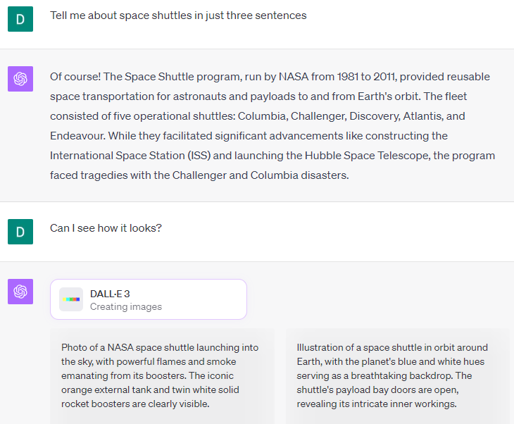 Conversation about Space Shuttles with ChatGPT. ChatGPT draws 4 space shuggle images.