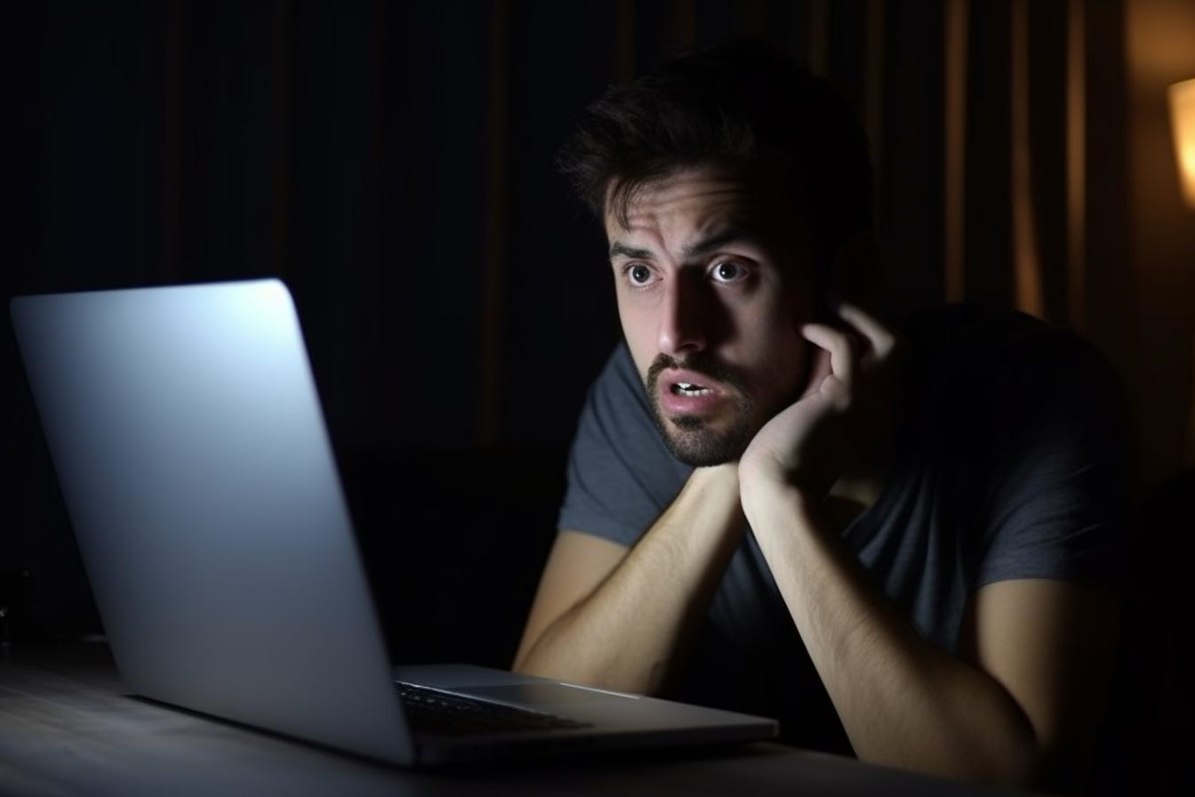 Confused man looking at laptop. Image made by Midjourney V5
